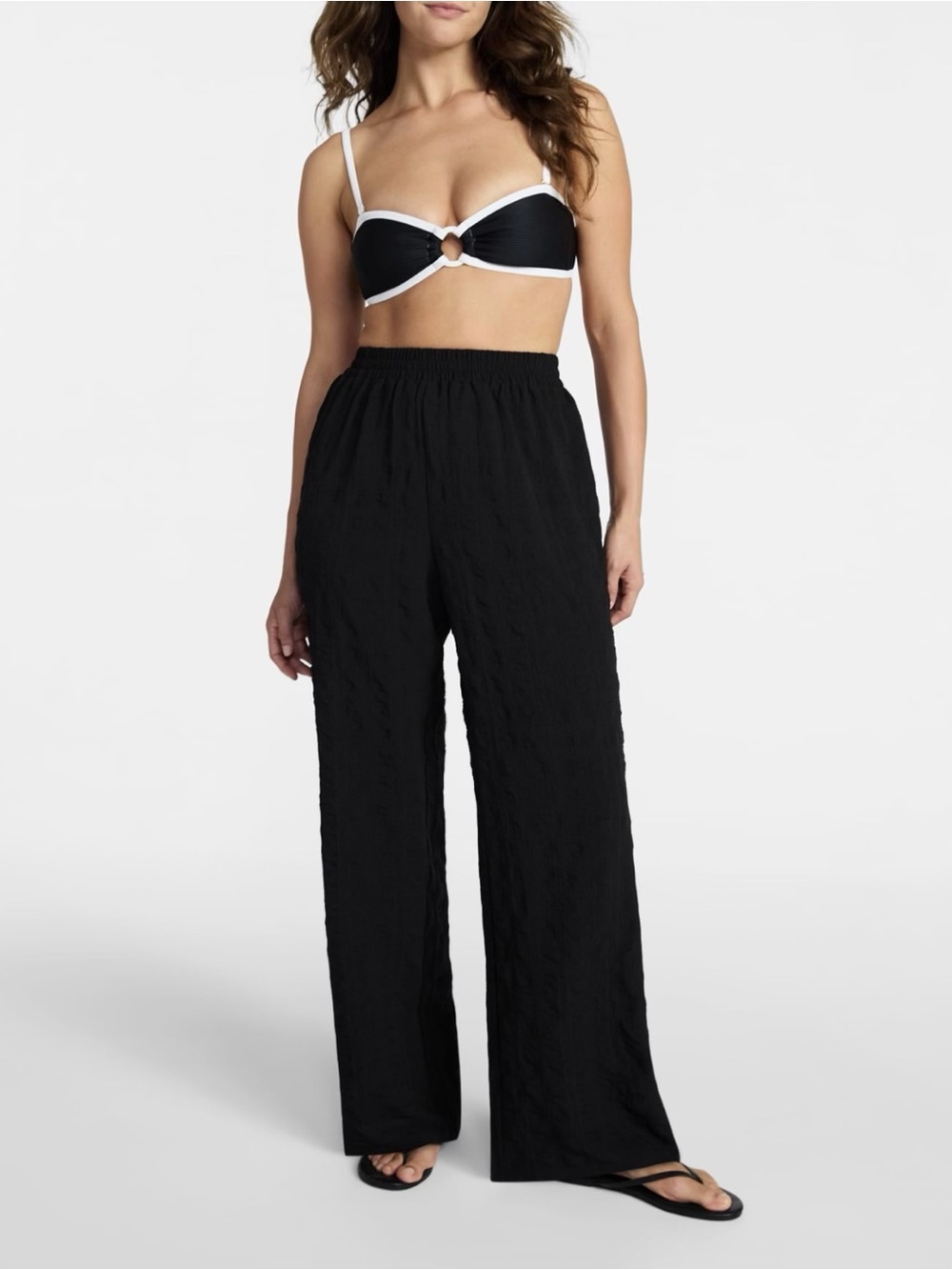 Wide-Leg White Textured Pull-On Coverup Pants